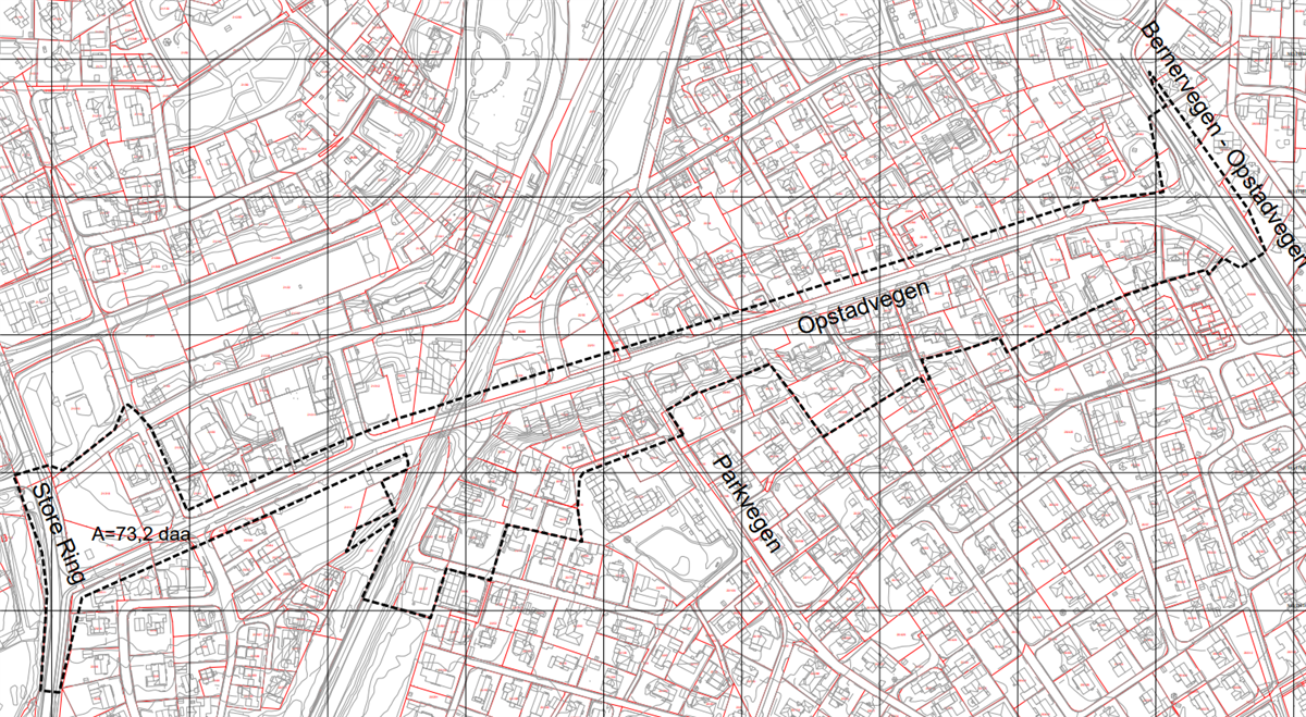 Kart som viser plangrense for Opstadvegen - Klikk for stort bilete